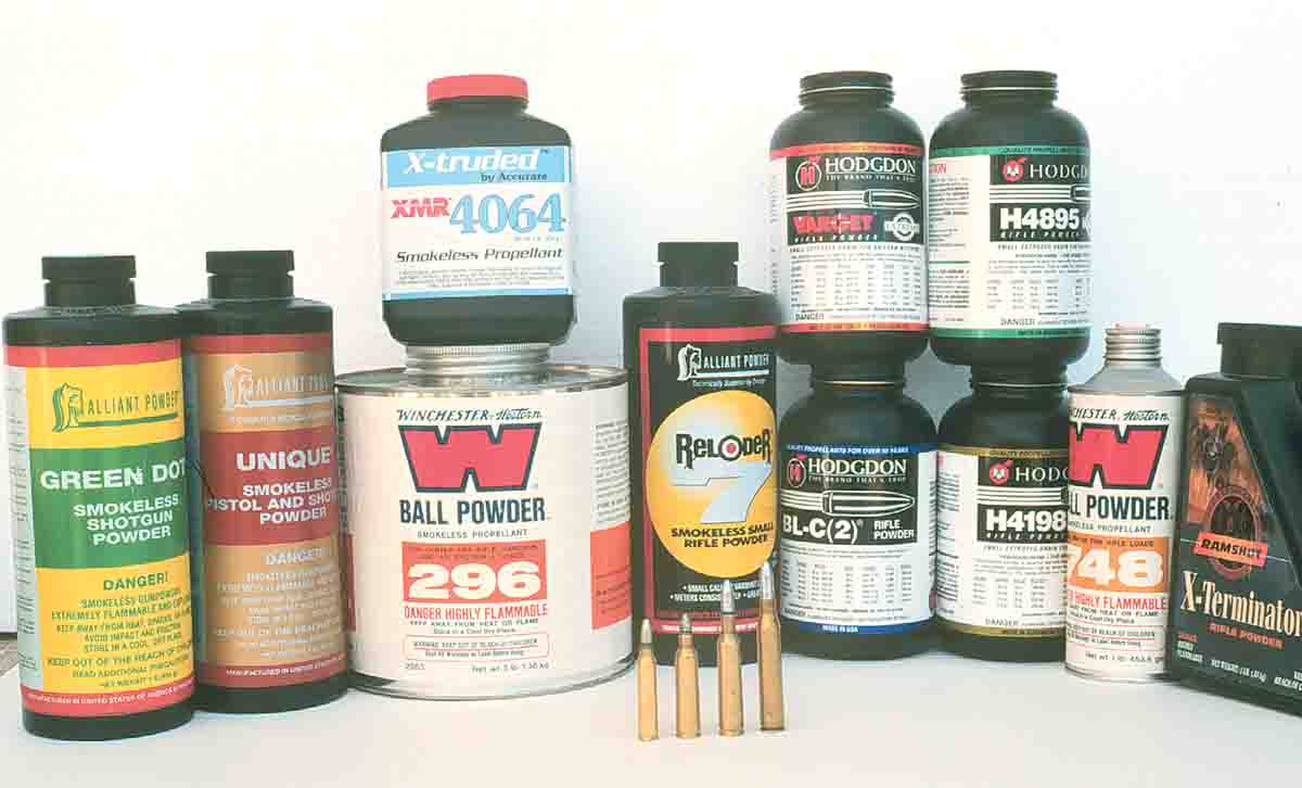 A large assortment of powders were tried in the .223, .22-250, 6mm and .25-06 Remingtons with cast bullets.